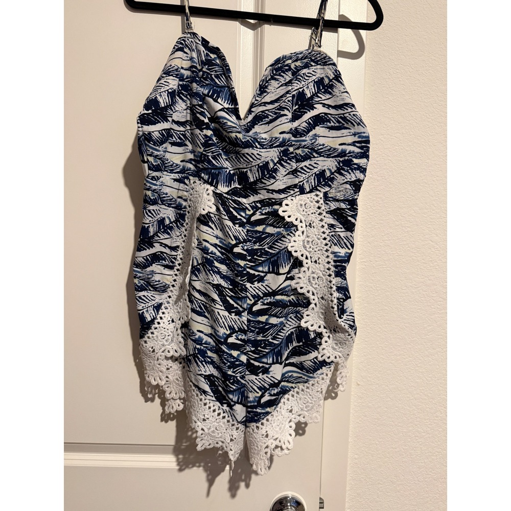 TEMT Blue White Tropical Leaf Print Crochet Lace Trim Romper XL